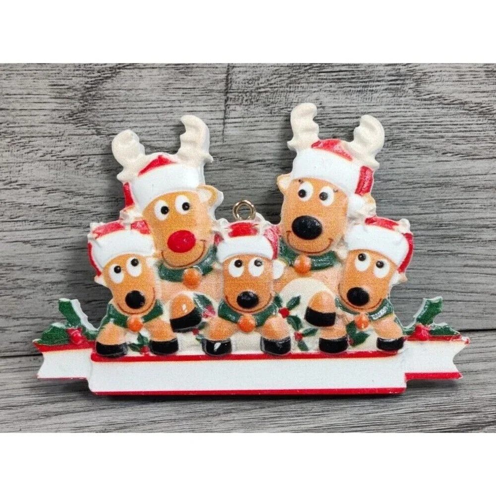 Family Christmas Tree Ornament With 2 Adult & 3 Child Reindeers (Very Nice)